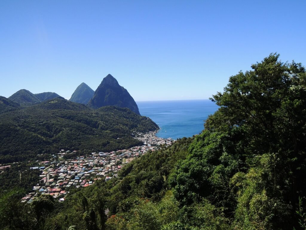st lucia, nature, caribbean island, saint lucia, sea, blue, water, pitons, mountains, twin pitons