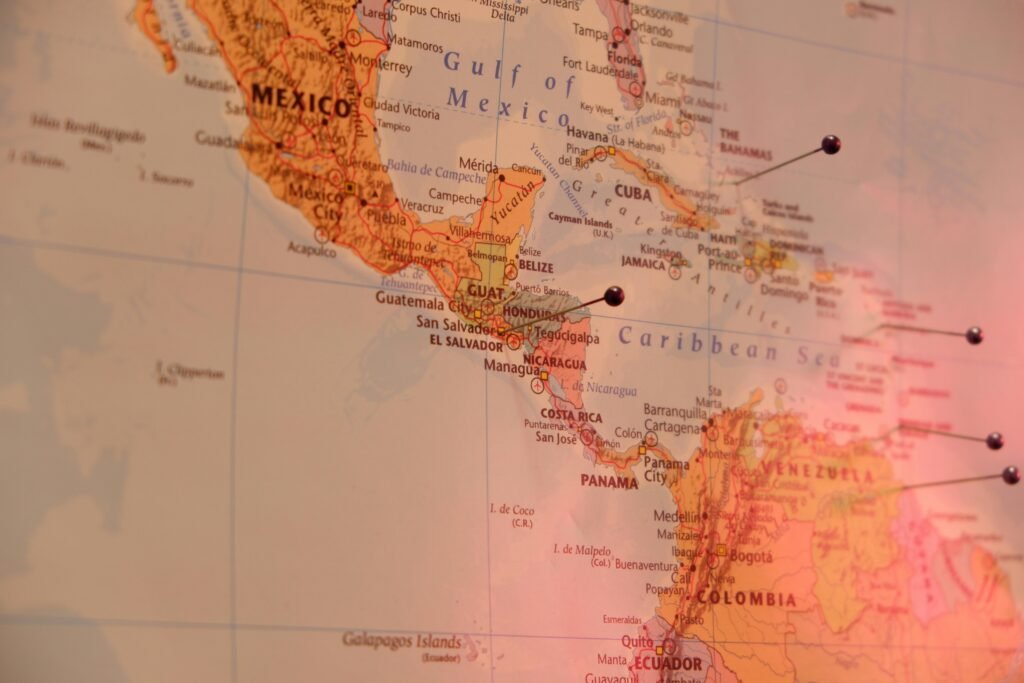 Close-up of a marked map of Central America, featuring countries like Mexico and Colombia.